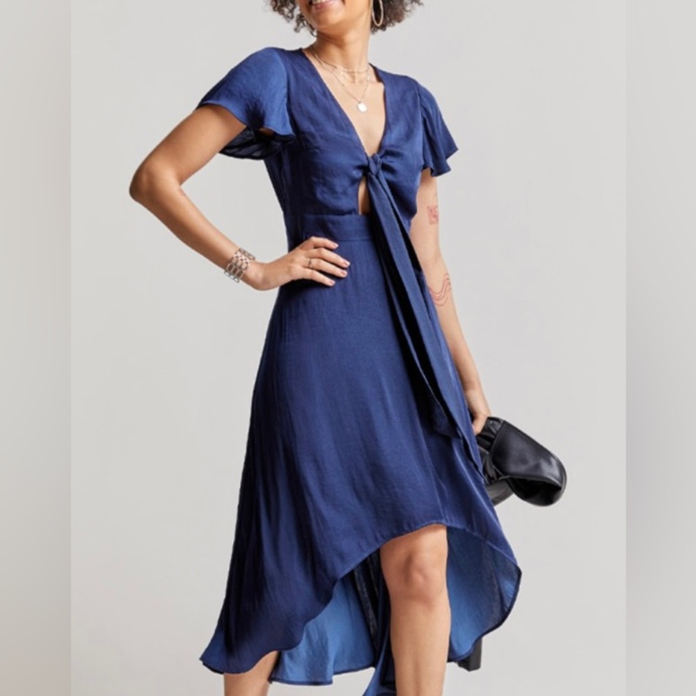 Blue Rain Front Tie Midi Dress Size Large Navy